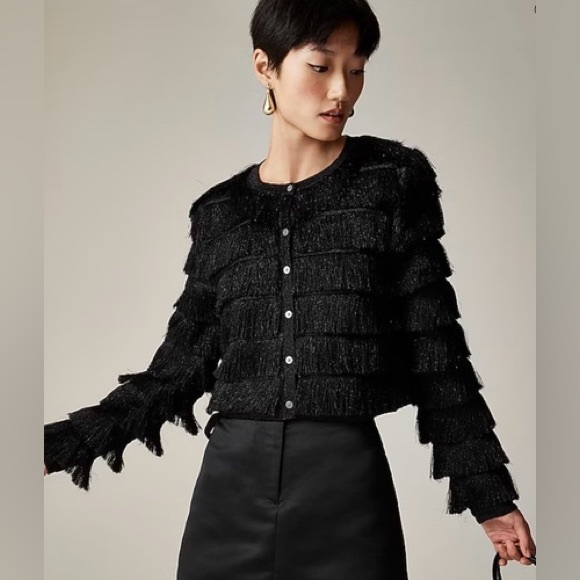 Crew Women's Black Fringe Cardigan in Metallic Yarn, Size Large